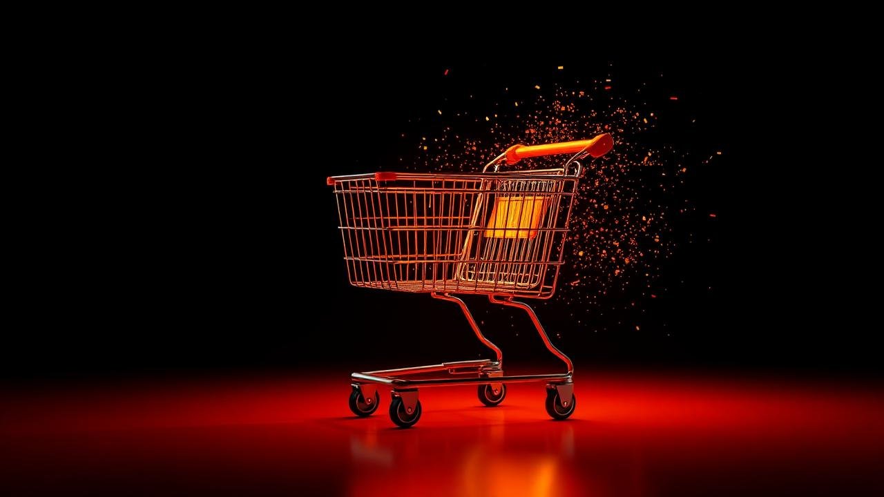 Render 3D de carrinho de compras luminoso com trilha de recuperação laranja