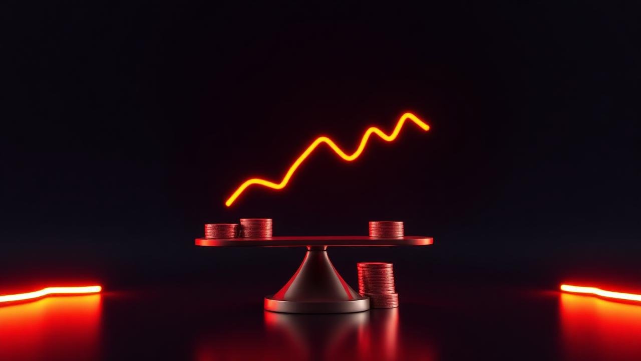 Render 3D de balança luminosa comparando investimento e receita
