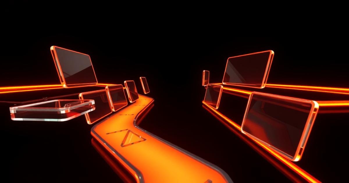 Render 3D de cartões de vidro percorrendo trilhos laranja luminosos representando um pipeline de vendas