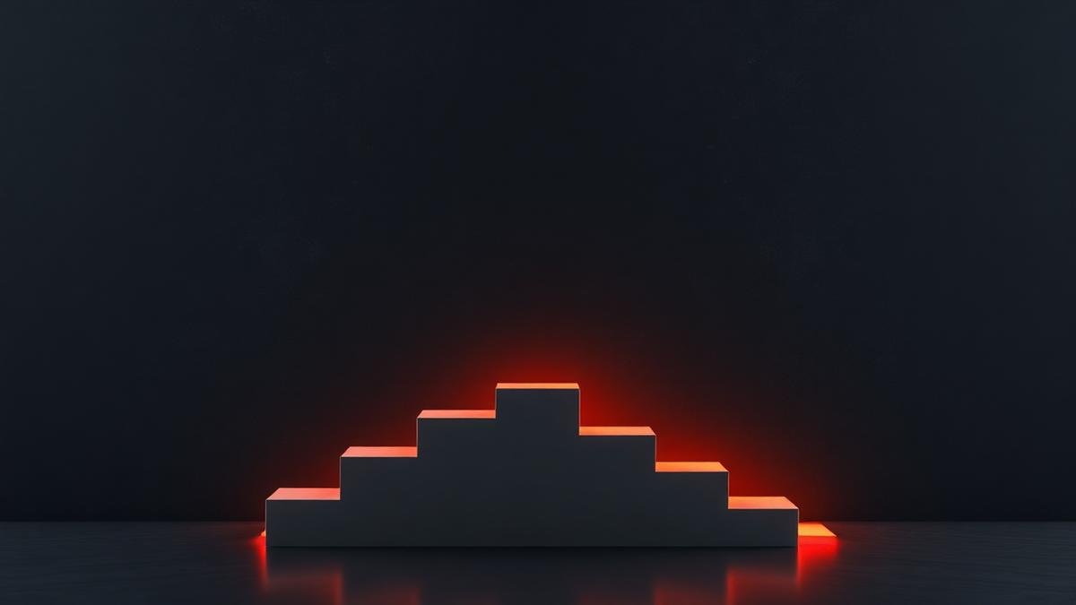 Render 3D de degraus conectados por uma linha laranja luminosa em fundo escuro