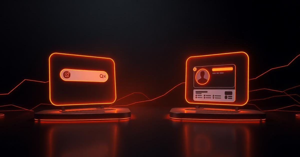 Render 3D de dois caminhos luminosos laranja divergindo sobre superfície escura
