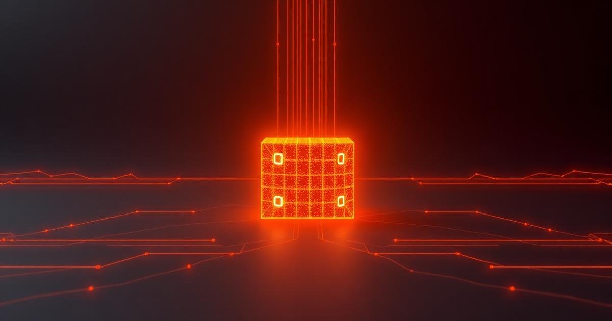 Render 3D de dois fluxos de dados laranja convergindo em um servidor escuro
