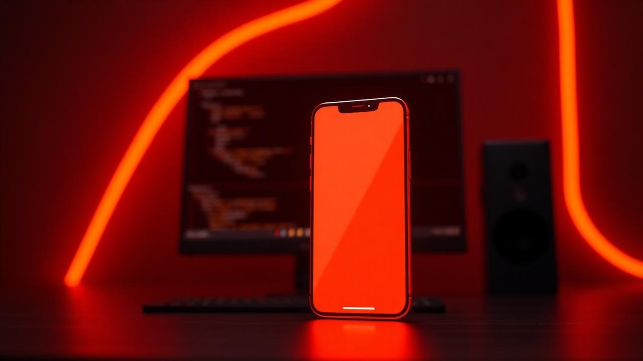 Render 3D comparando interface de celular e desktop com luz laranja