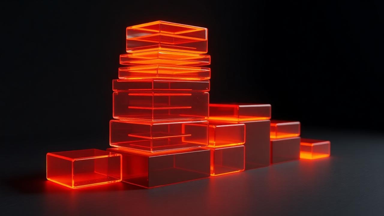 Render 3D de blocos de orçamento distribuídos em canais luminosos