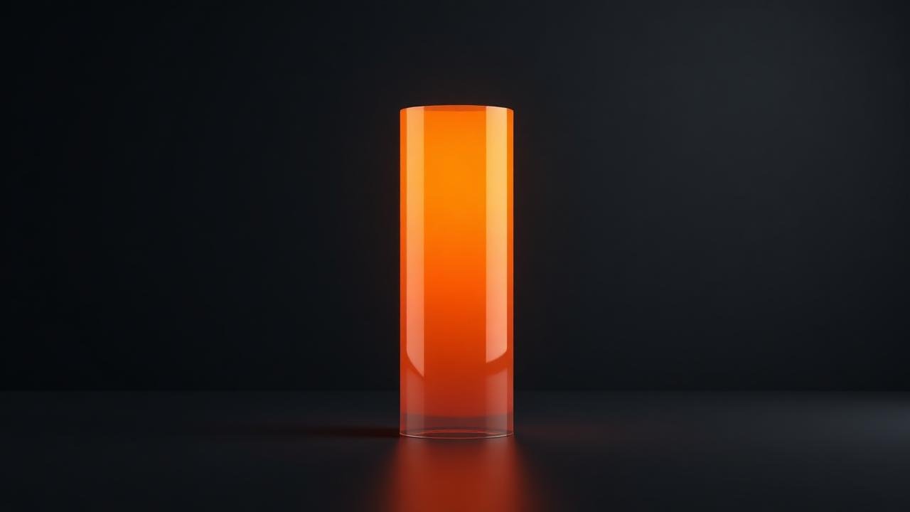 Render 3D de coluna de vidro laranja iluminada representando o plano recomendado em uma página de preços