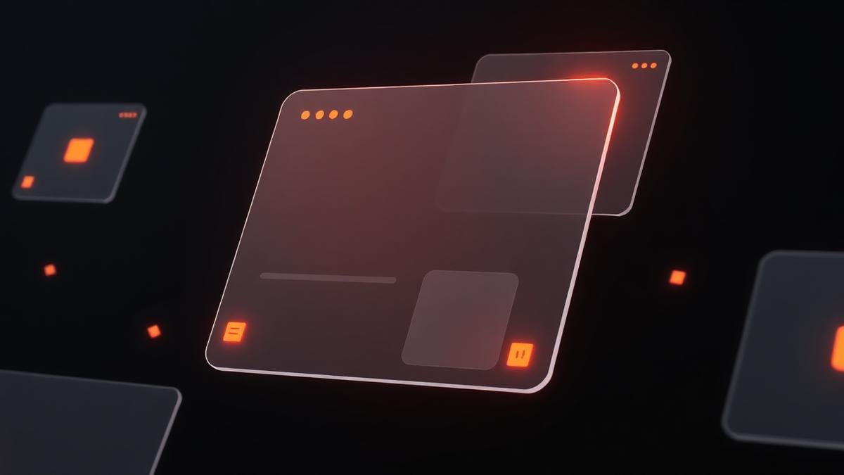 Render 3D de painéis de interface em perspectiva com blocos laranja luminosos