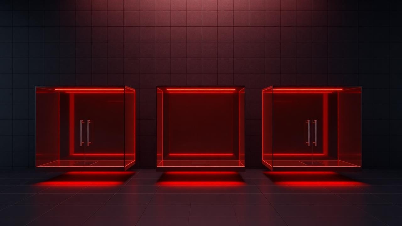 Render 3D de módulos de loja virtual conectados com luz laranja