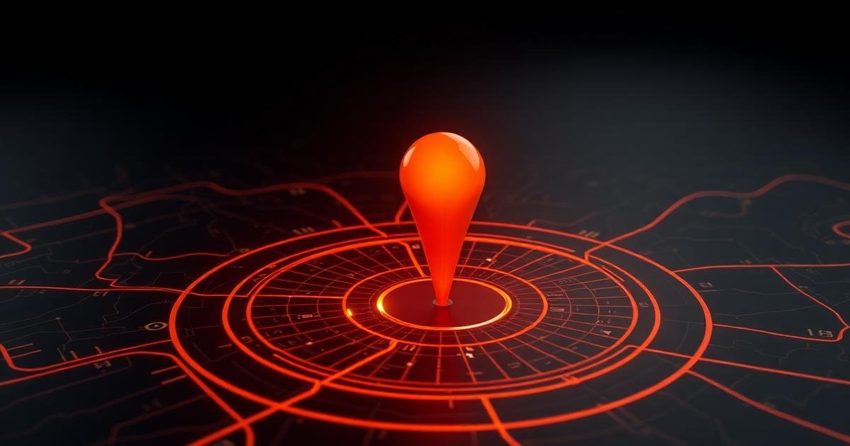 Render 3D de um pin de mapa laranja luminoso sobre uma malha urbana escura com anéis de alcance de busca