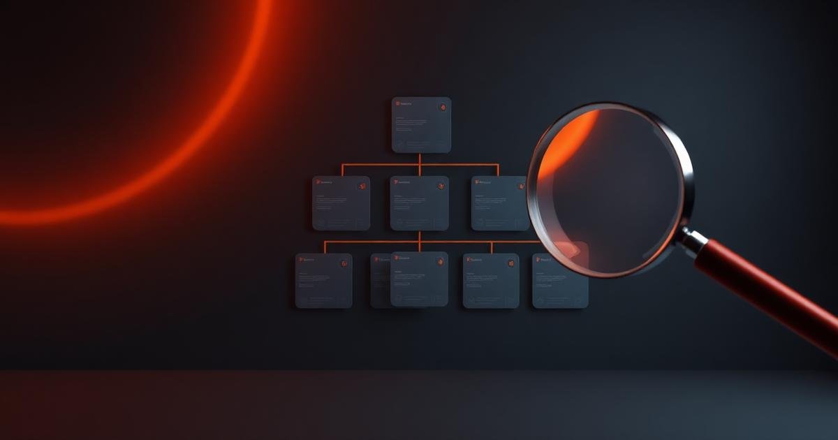 Render 3D de grade de produtos luminosa laranja conectada por linhas de dados