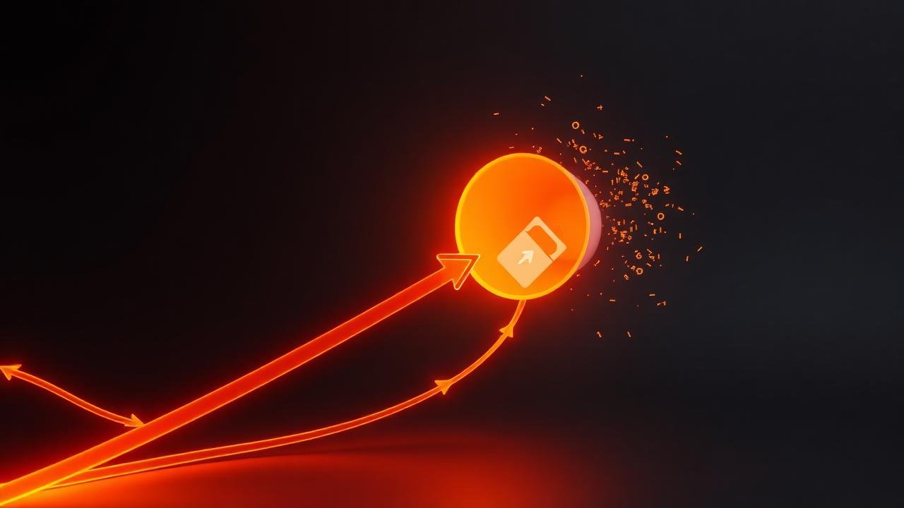 Render 3D de setas laranja luminosas subindo em direção a um disco de anúncio, representando investimento em tráfego pago