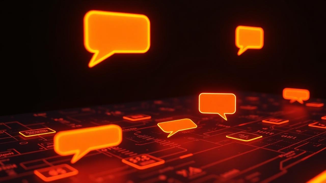 Render 3D de interface com balões de microcopy e botões luminosos