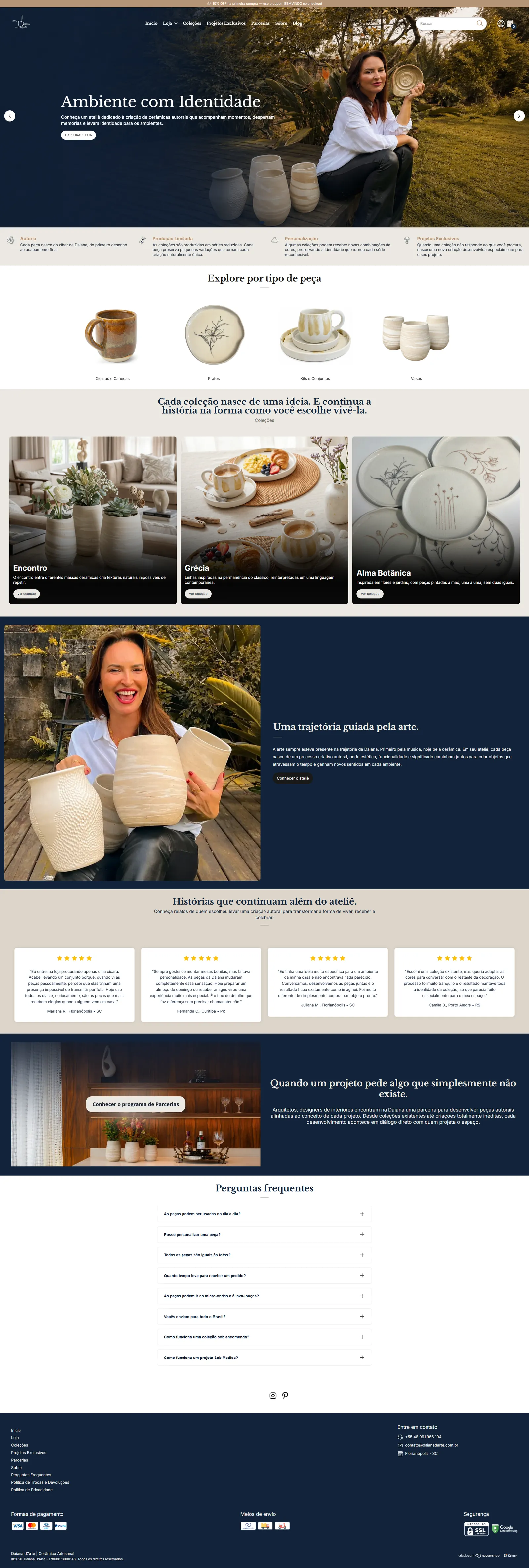 Captura de tela completa da página do projeto Daiana D'Arte — E-commerce, cliente Daiana D'Arte